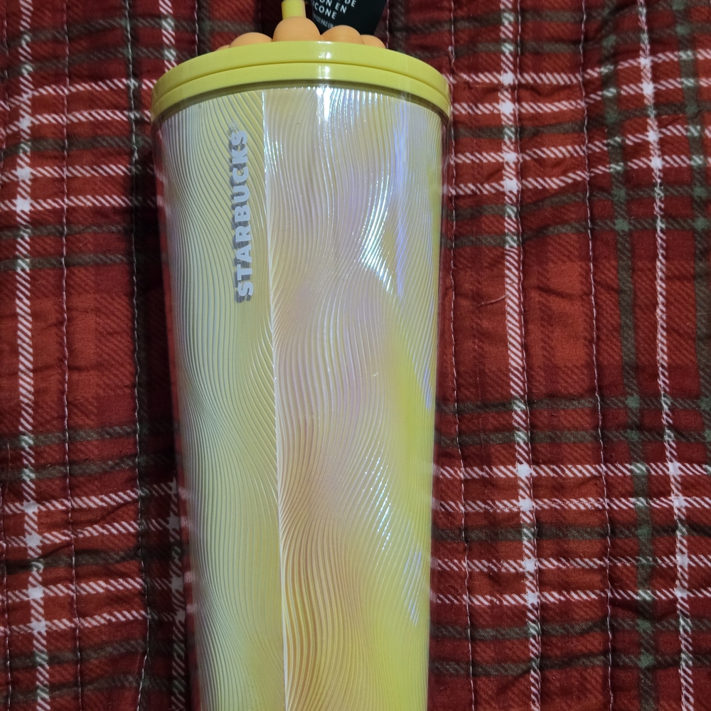 Starbucks Yellow Iridescent Tumbler with Orange Flower Straw Topper